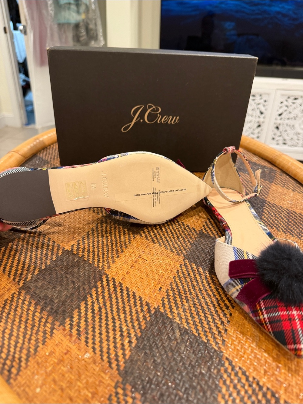 J. Crew Red Plaid Pointed Toe Flats with Black Pom-Pom and Burgundy Bow - Picture 2 of 3
